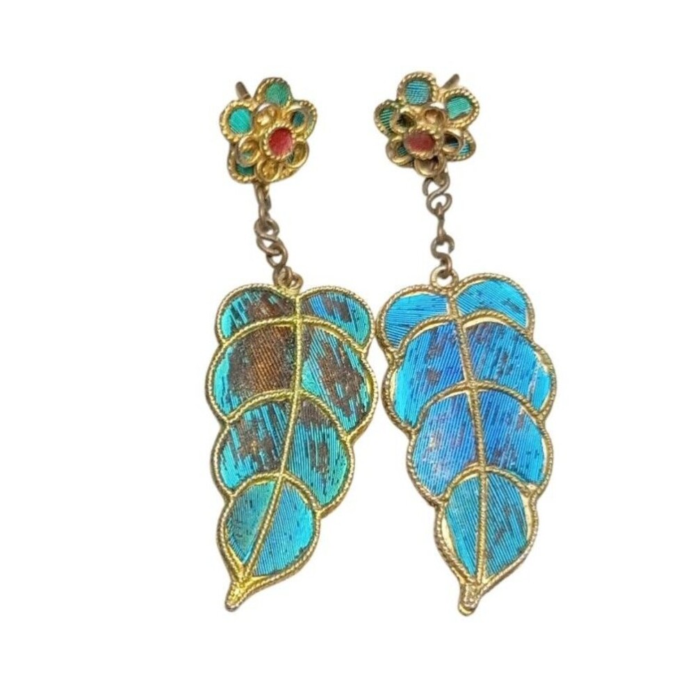 Vintage Kingfisher Blue Feather Dangle Earrings - Picture 5 of 12